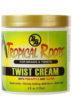 A container of BRONNER BROTHERS Tropical Roots Twist Cream with pineapple and guava, designed for braids and twists.